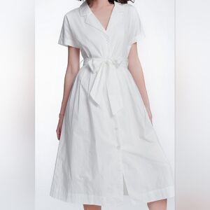 NWT - Q2 of Spain - White Cotton Poplin Midi Shirt Dress w Belt - Size L